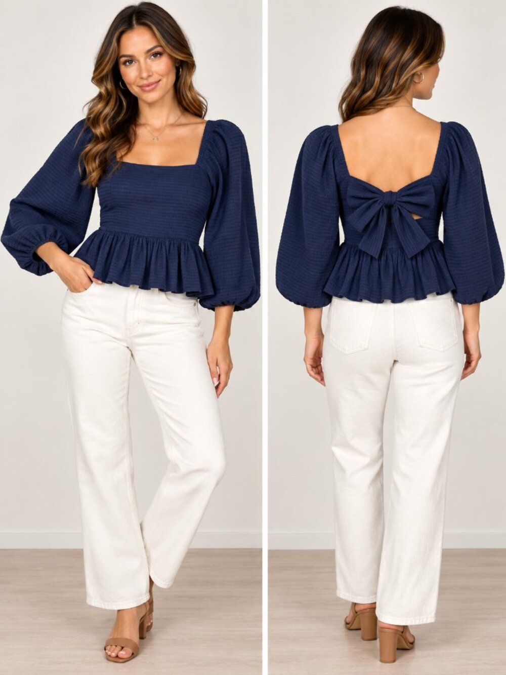 Mi Ami by Francesca’s Navy Puff Sleeve Bow Back Peplum Top M